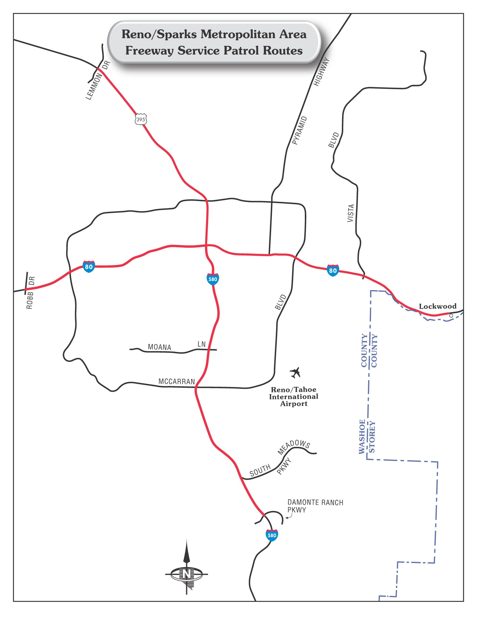 A map of the Freeway Service Patrol route in Reno