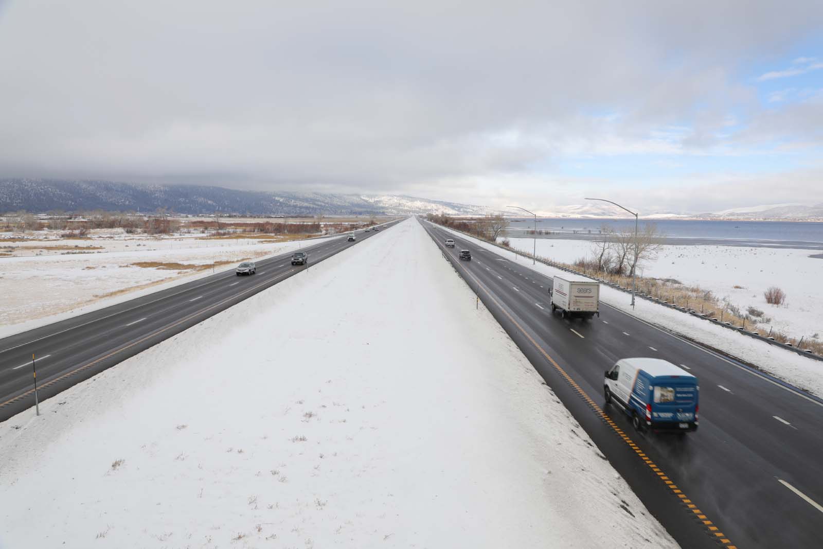 A photo of cars driving along Interstate 580 during winter