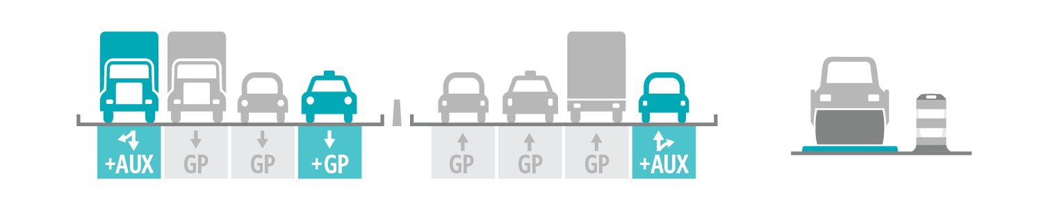 Graphic of teal and gray cars on road lanes.